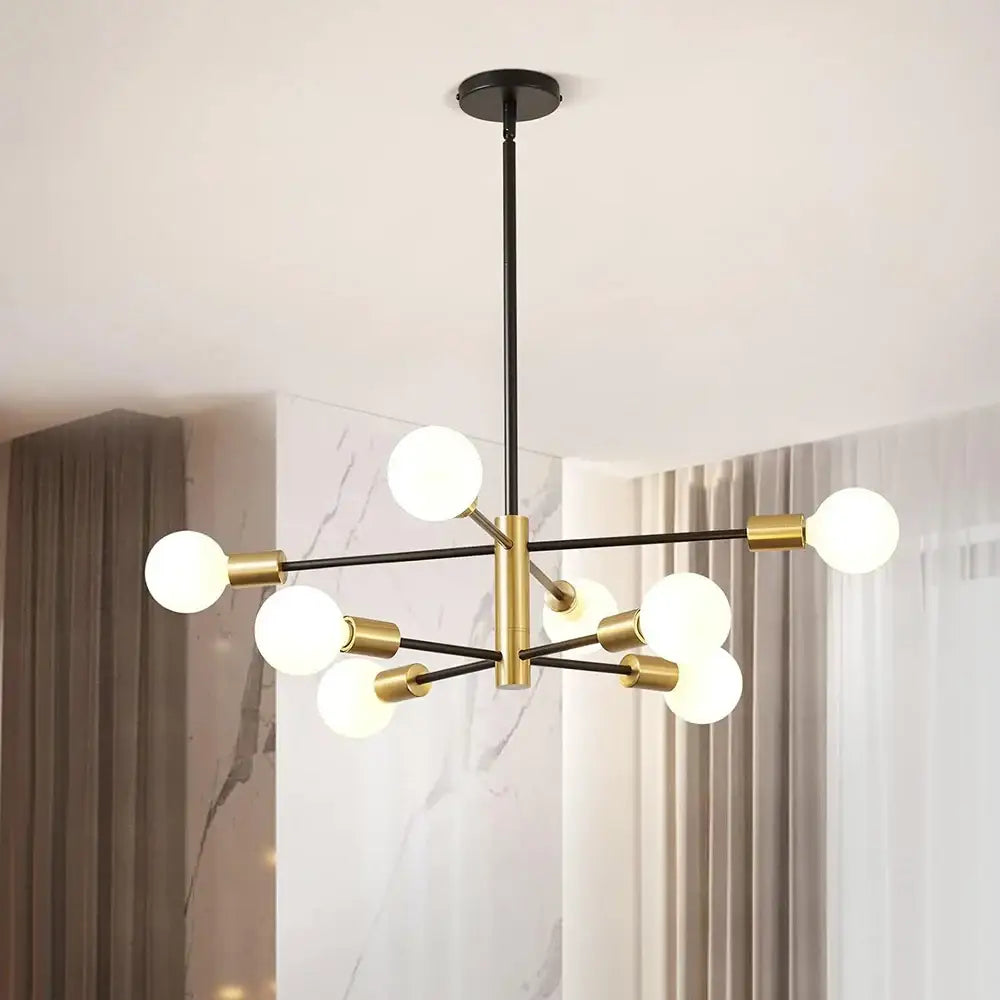 DecorBites™ LED magic bean chandelier with black and brass frame featuring frosted glass bulbs for indoor lighting