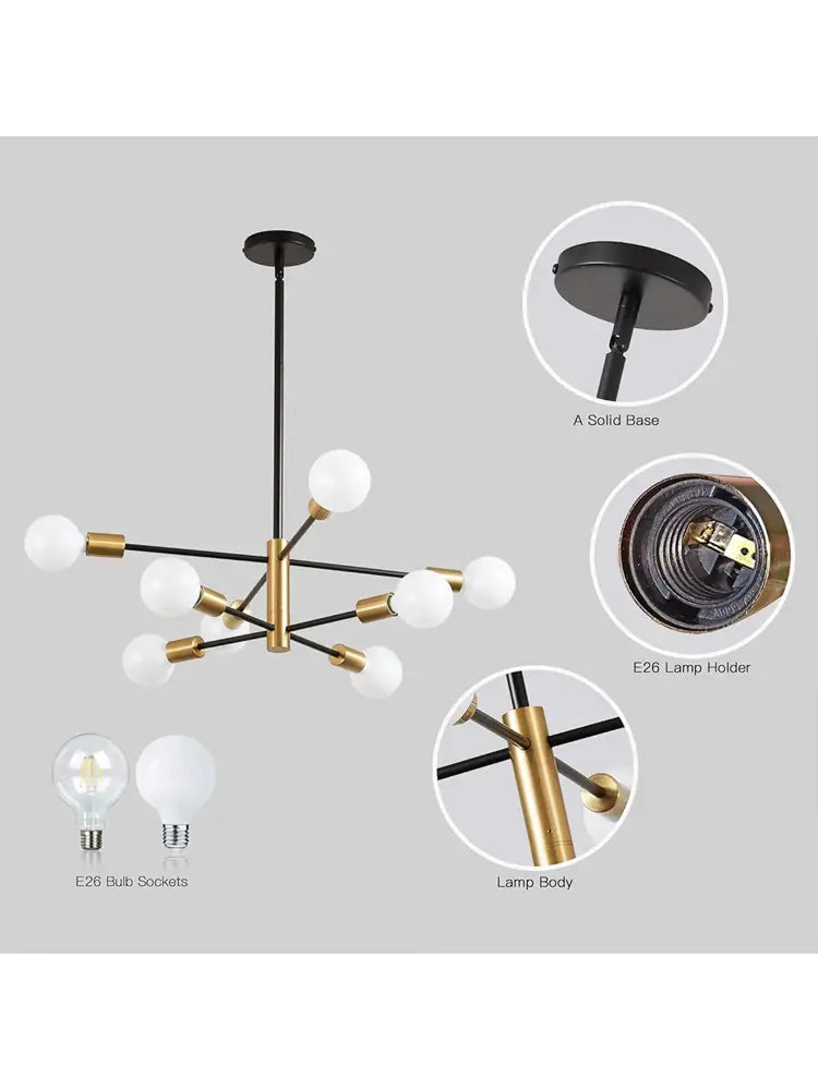 Modern black and brass DecorBites™ LED magic bean chandelier with spherical white glass bulbs for indoor lighting