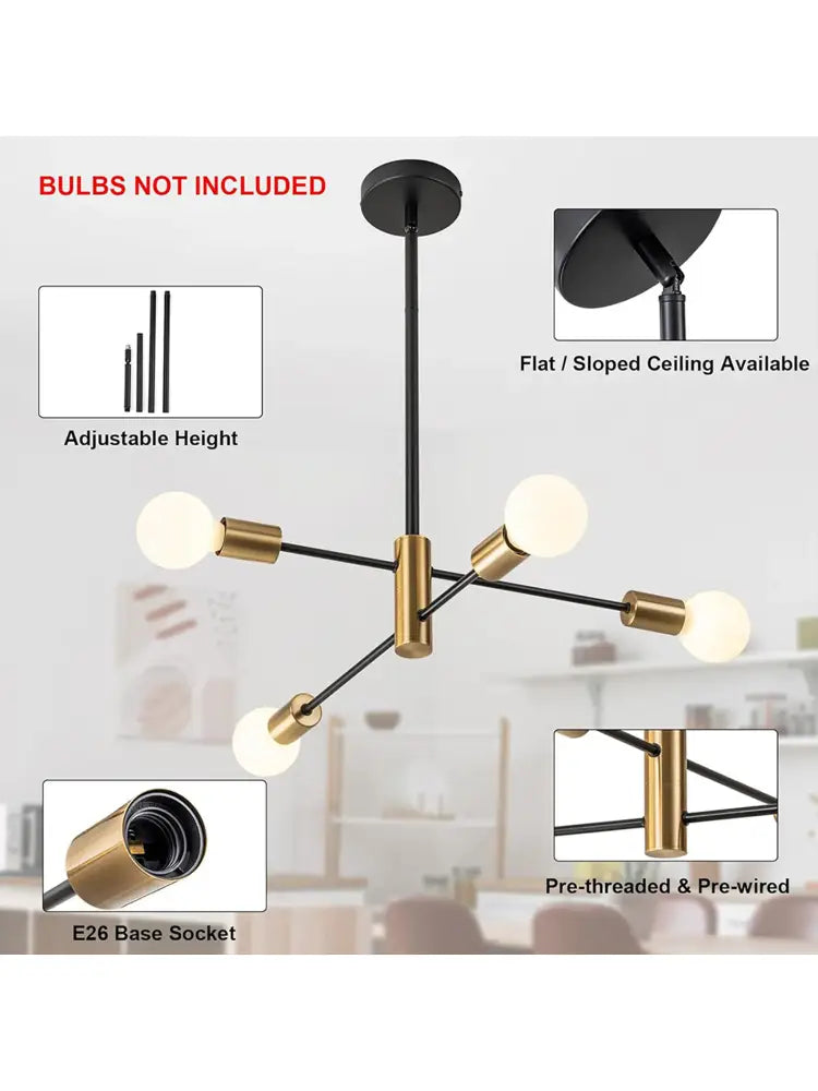 Modern black and brass geometric chandelier with six adjustable arms for indoor lighting from DecorBites minimalist magic bean collection
