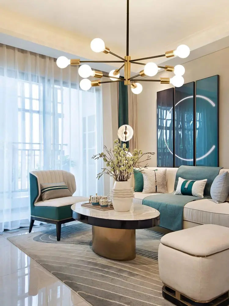 DecorBites™ minimalist magic bean chandelier with gold-toned metal arms and white spherical LED bulbs for indoor lighting
