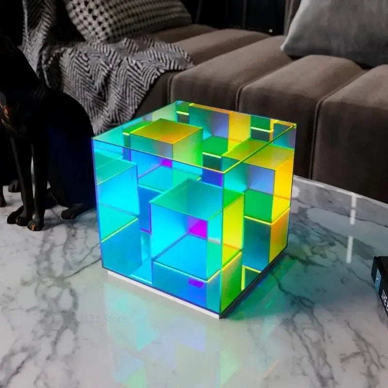 Decorbites led magic cube desk lamp with vibrant translucent geometric design and shifting rainbow hues for modern decor