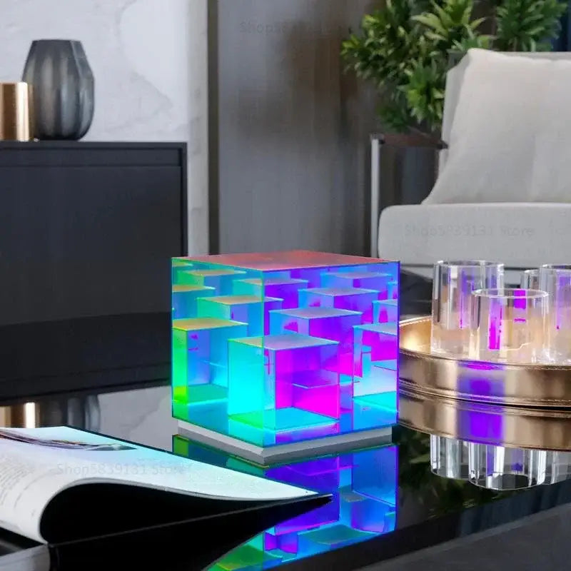 DecorBites led magic cube desk lamp with vibrant translucent geometric design and shifting rainbow hues for modern decor