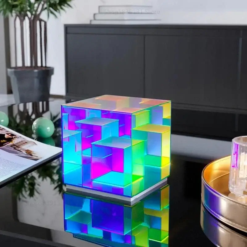 Decorbites led magic cube desk lamp with translucent multi-colored geometric interlocking cubes glowing in vibrant hues