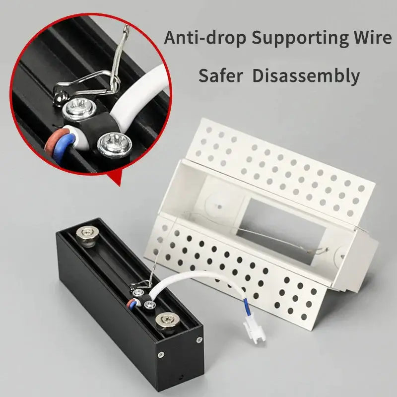 Black rectangular decorbites led magnetic downlight with white perforated bracket and visible wiring connections shown from back