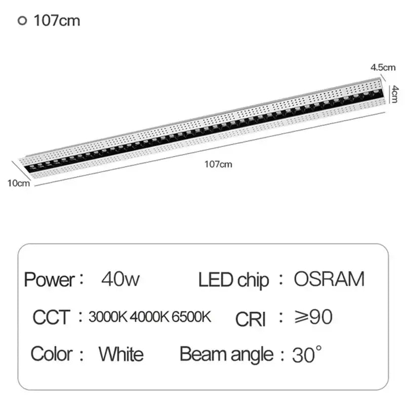 A sleek 107cm white decorbites led magnetic downlight with osram chip and modern perforated grille design