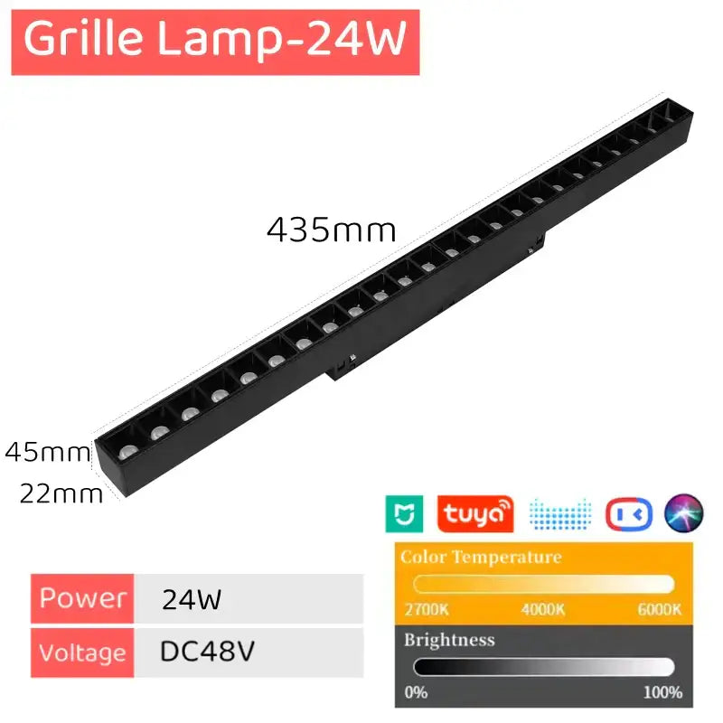 Black 24w decorbites led magnetic track light with sleek grille design and evenly spaced dimmable led lights