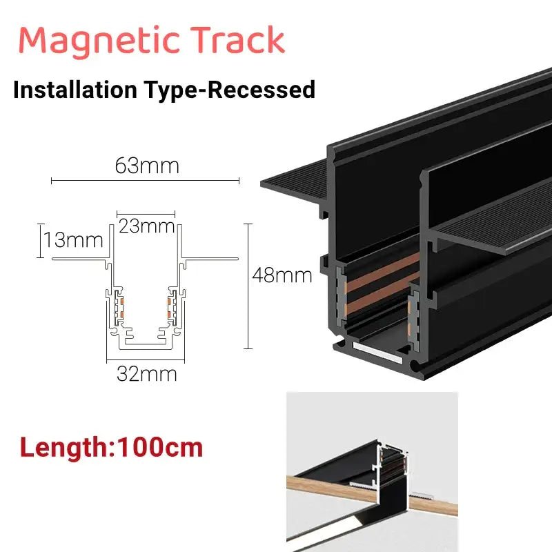 Black magnetic track light with recessed aluminum profile and internal copper wiring for decorbites led magnetic lighting integration