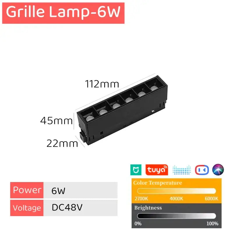 Black rectangular grille track light with six circular openings 6w dc48v for decorbites led magnetic dimmable use