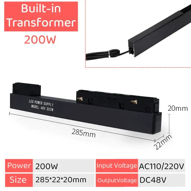 Black rectangular led power supply unit with built-in transformer for DecorBites led magnetic track light 48v 200w