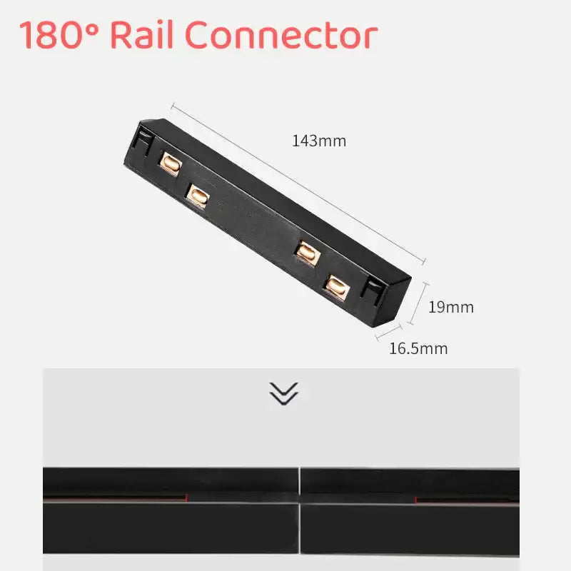 Black 180° rail connector with gold mounting clips for decorbites led magnetic track light installation