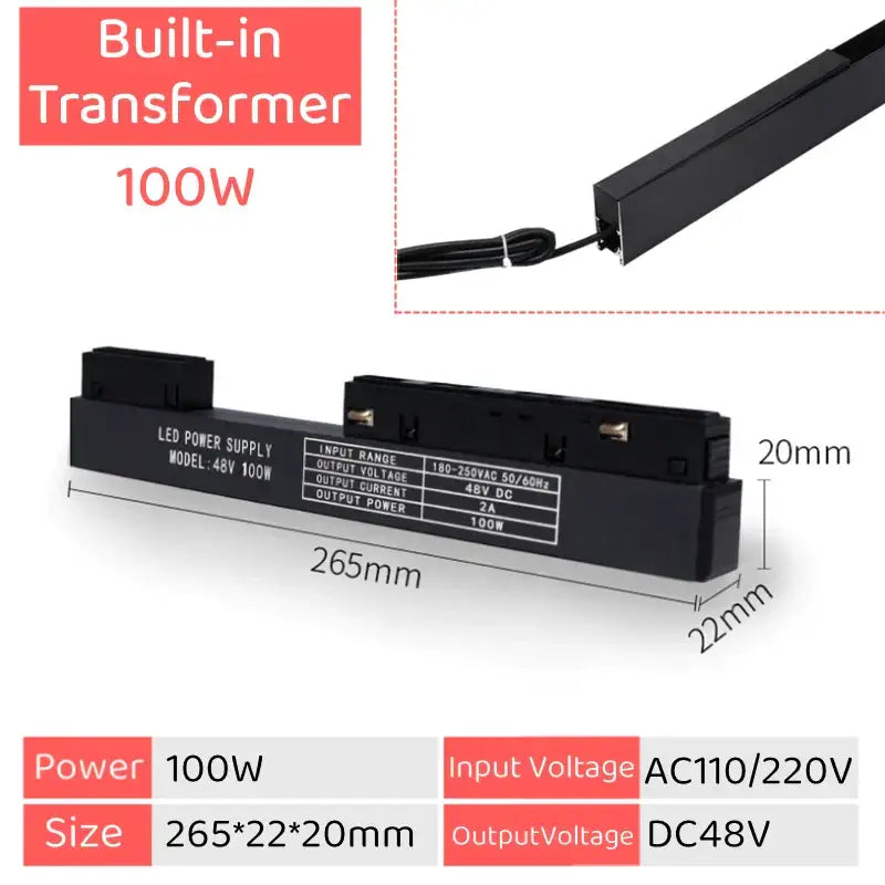 Black rectangular led power supply with built-in transformer for decorbites led magnetic track light 48v 100w