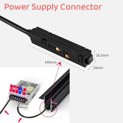 Black plastic power supply connector with gold terminals and cable for decorbites led magnetic track light system