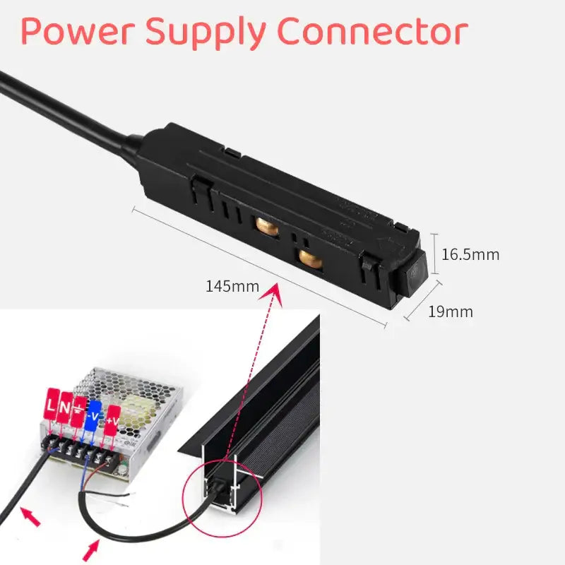 Black plastic power supply connector with gold terminals and cable for decorbites led magnetic track light system