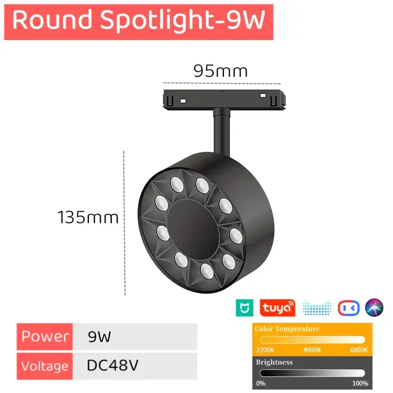 Black round decorbites led magnetic track light with 9w power dimmable bluetooth control and circular led array