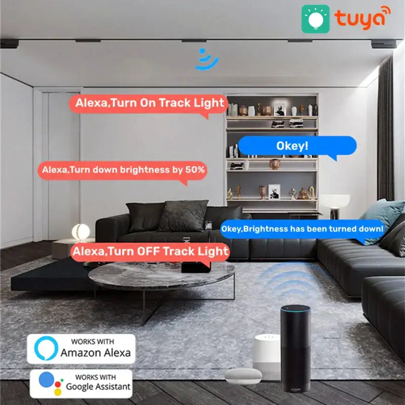 Black cylindrical smart speaker with blue light ring compatible with decorbites led magnetic track light system