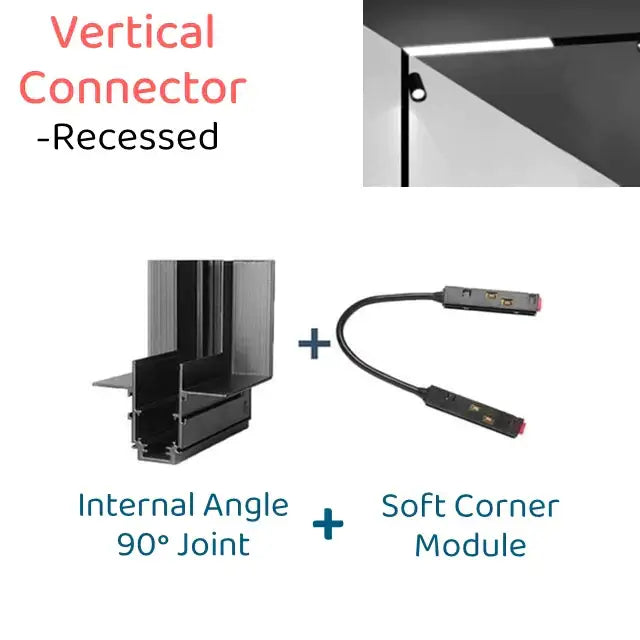 Black recessed vertical connector system with internal 90-degree joint and soft corner module for decorbites led magnetic track light