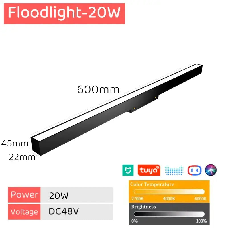 Black rectangular 600mm led floodlight bar floodlight 20w with magnetic track for decorbites led magnetic track light