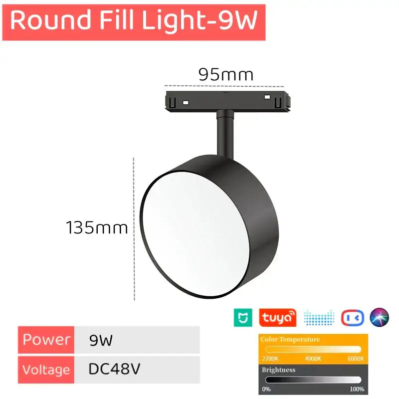 Black round fill decorbites led magnetic track light with 9w power dimmable and adjustable color temperature 2700k to 6500k