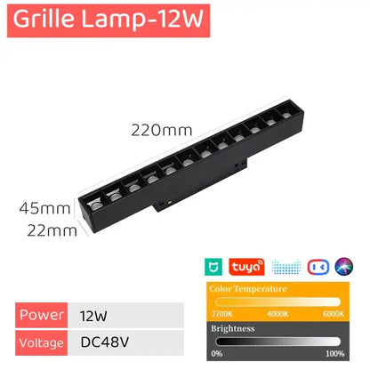 Black DecorBites LED magnetic track light with sleek rectangular grille and multiple integrated LED lights for spot lighting