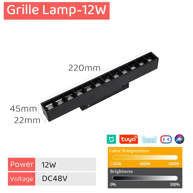 Black DecorBites LED magnetic track light with sleek rectangular grille and multiple integrated LED lights for spot lighting