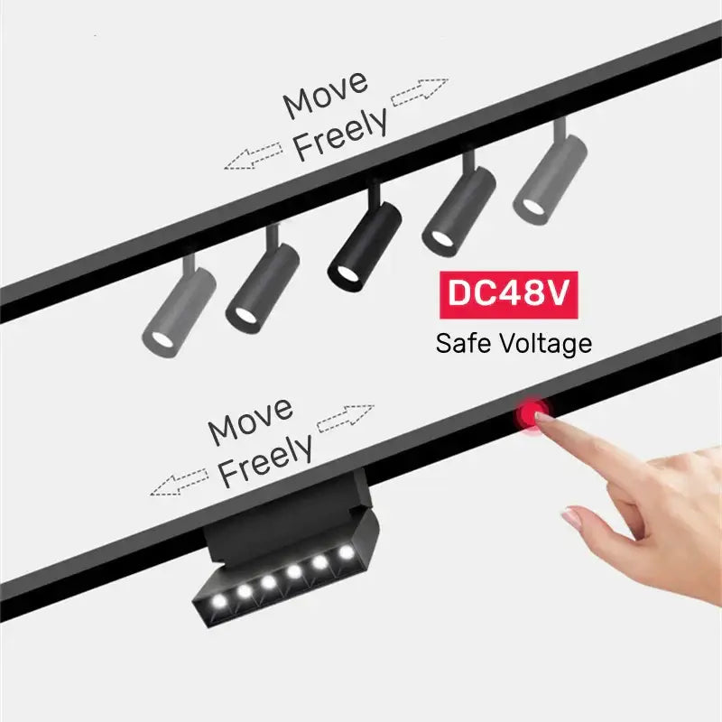 Black DecorBites LED magnetic track light with adjustable freestanding spotlights and touch-sensitive Bluetooth control