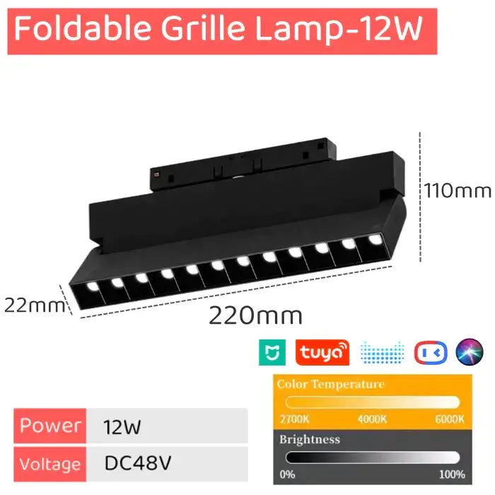 Black foldable grille lamp 12w dc48v with integrated leds in decorbites led magnetic dimmable track light