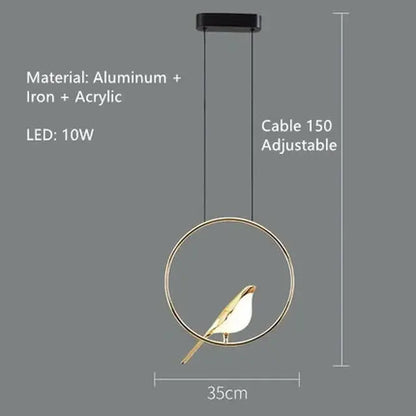 Gold-toned aluminum and iron decorbites led magpie bird pendant light with circular frame for modern living and dining room decor