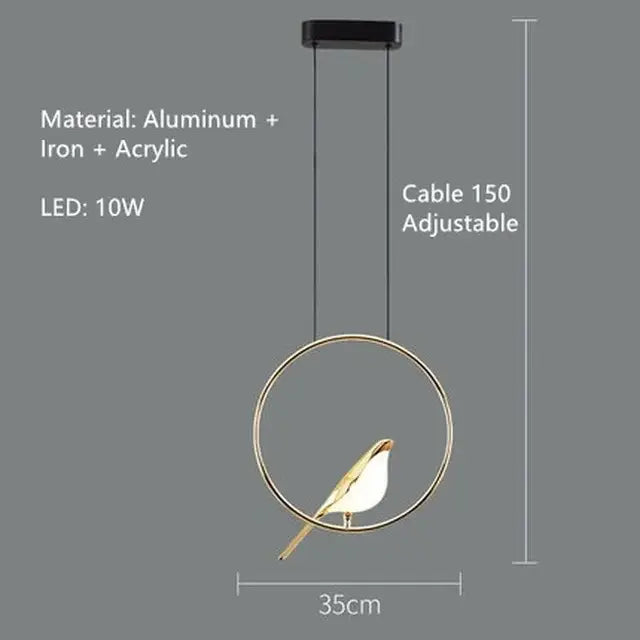 Gold-toned aluminum and iron decorbites led magpie bird pendant light with circular frame for modern living and dining room decor