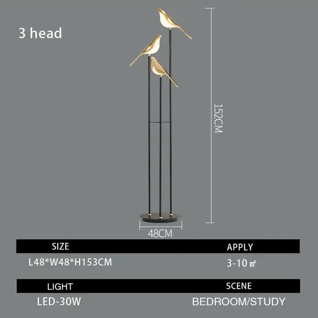 Gold-toned decorbites led magpie bird floor lamp with three black metal arms and circular base for modern decor