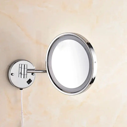 Chrome-finished decorbites led makeup mirror with 8 inch round illuminated face and adjustable wall-mounted arm