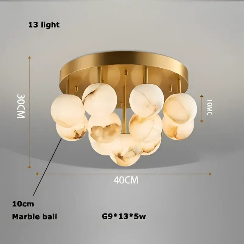 Gold-toned decorbites led marble chandelier with 13 warm veined marble balls for dining room lighting