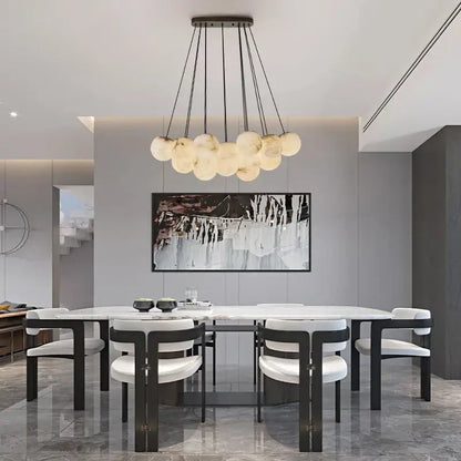 Modern decorbites led marble balls chandelier with frosted glass orbs and black cords for dining room lighting
