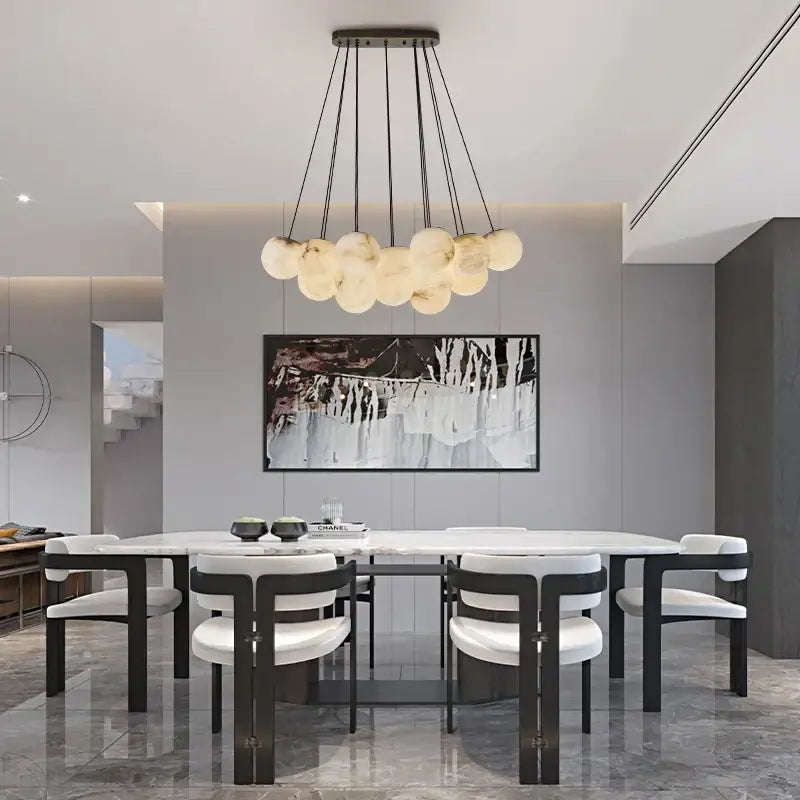 Modern decorbites led marble balls chandelier with frosted glass orbs and black cords for dining room lighting