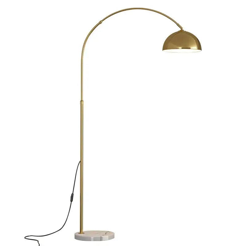 Gold-finished decorbites led marble floor lamp with arched design and polished dome shade for modern living room lighting