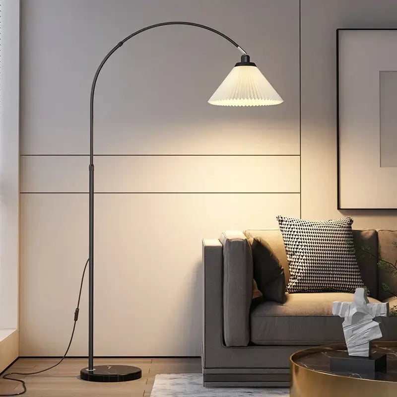 Black arched floor lamp with white pleated shade and marble base from decorbites led marble for modern rooms lighting