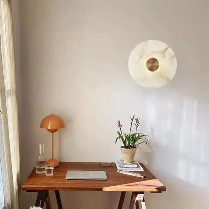 White marble circular wall sconce with gold-toned center decorbites led marble brass light for parlor and aisle