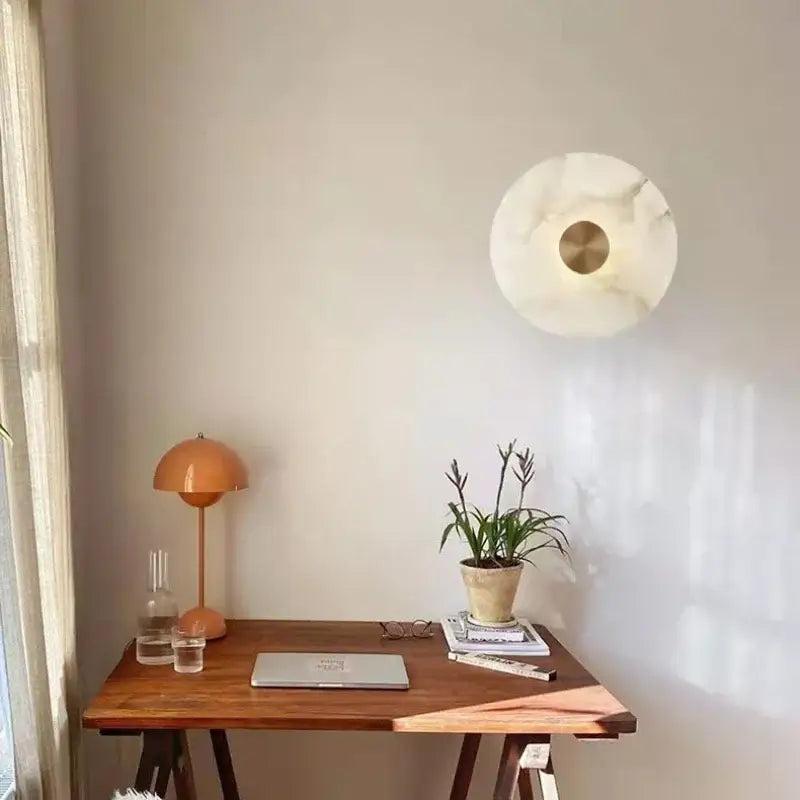 White marble circular wall sconce with gold-toned center decorbites led marble brass light for parlor and aisle