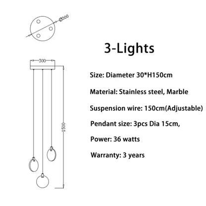 Stainless steel and marble 3-lights pendant lamp with adjustable suspension wire for modern living room by DecorBites LED Marble