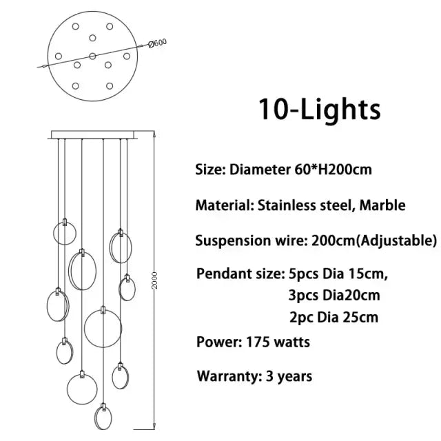 Modern minimalist decorbites led marble pendant lamp with ten glass orbs and marble accents for living room lighting
