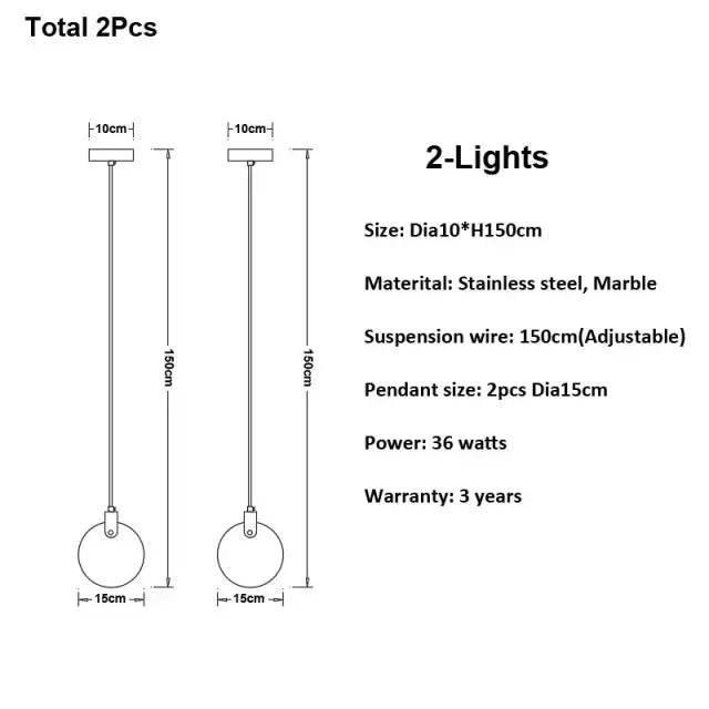 Stainless steel and marble decorbites led marble pendant lamp with adjustable 150cm suspension wires for living room