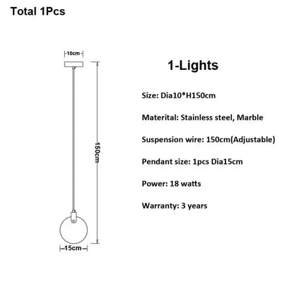 Stainless steel and marble decorbites led marble pendant lamp with 15cm shade and 150cm adjustable wire for living room