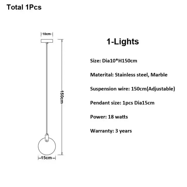 Stainless steel and marble decorbites led marble pendant lamp with 15cm shade and 150cm adjustable wire for living room