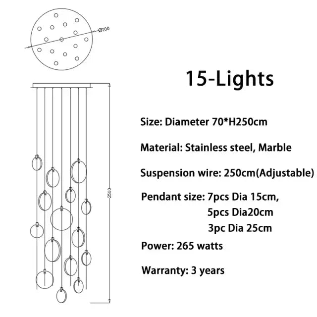 Stylish decorbites led marble pendant lamp with 15 stainless steel and marble spherical lights for modern interiors