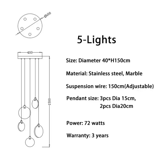 Stainless steel and marble 5-light DecorBites LED marble ceiling pendant lamp with adjustable suspension wires