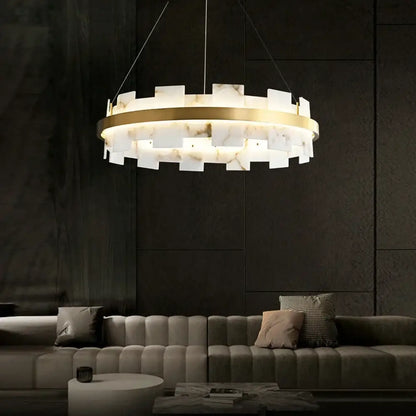 A modern decorbites led marble chandelier featuring a gold-toned metal frame and illuminated white marble slabs