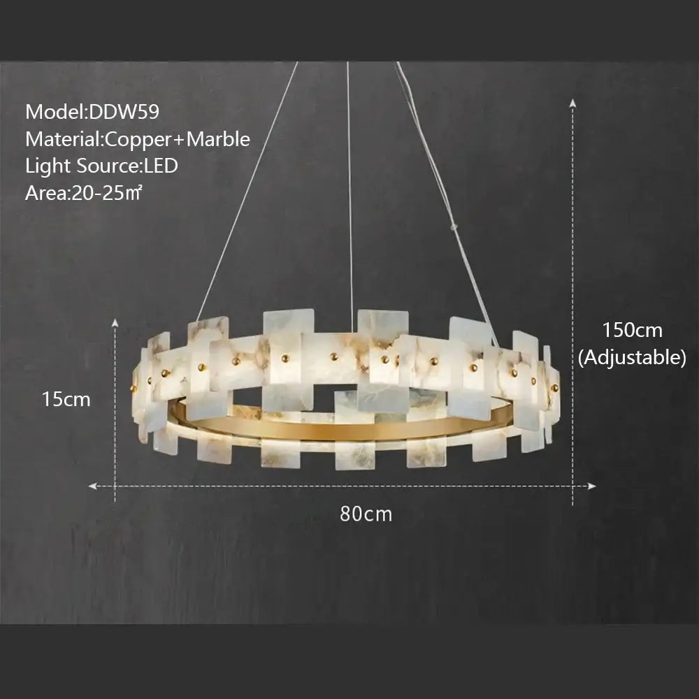 Decorbites led marble chandelier with white and beige marble slabs in interlocking ring design on copper base for modern spaces