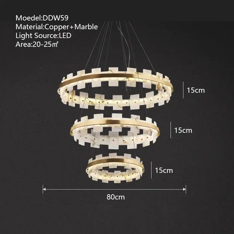 Modern three-tiered decorbites led marble chandelier with gold-toned copper frames and white marble accents for versatile lighting