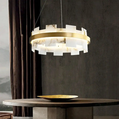 A modern decorbites led marble chandelier with gold metal frame and white marble panels for living room or restaurant lighting