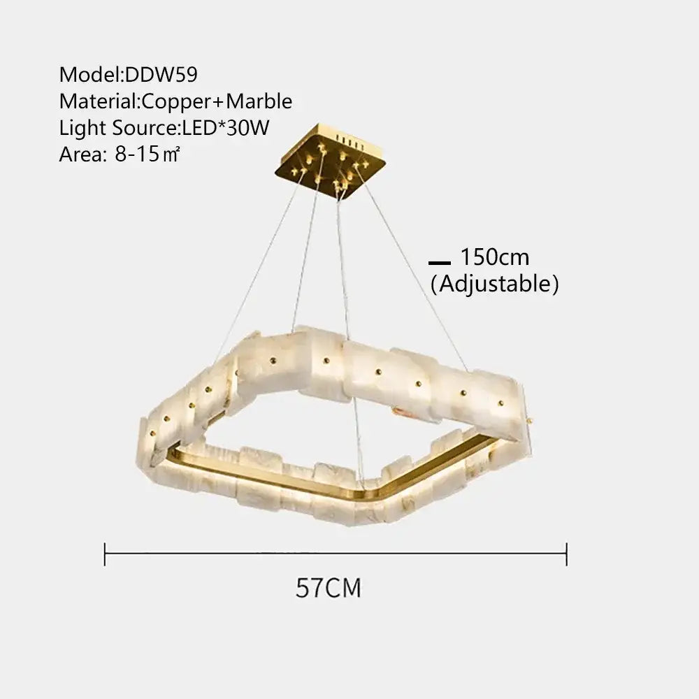 Gold-toned and white marble led marble chandelier with geometric design by decorbites led for modern interiors