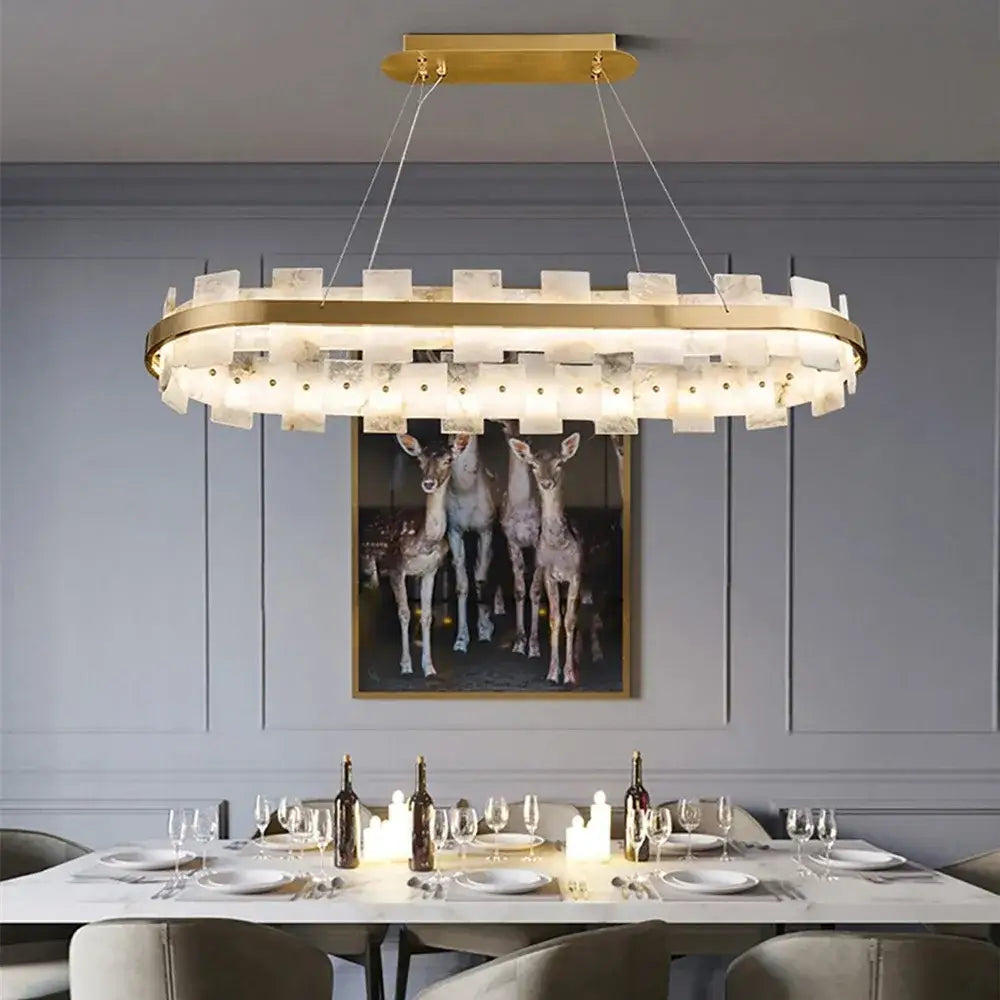Gold-toned decorbites led marble chandelier with translucent white panels for modern living room bedroom or restaurant lighting